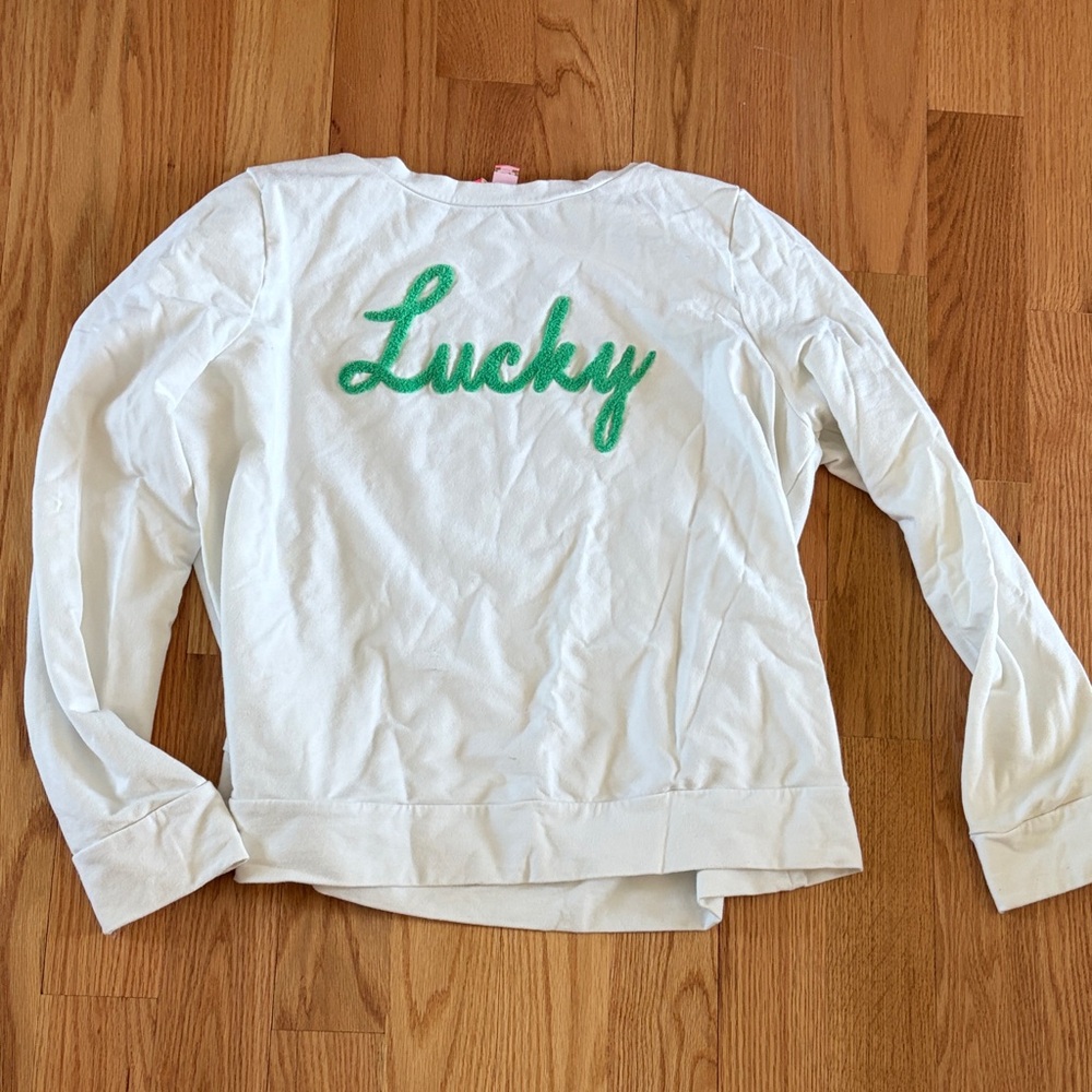 Lilly Pulitzer White Sweatshirt with Green "Lucky" Script